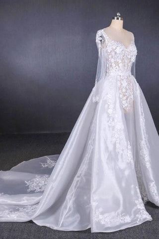 Long Sleeve Sweetheart White Bridal Dresses with Applique, Wedding Dresses SJS15250