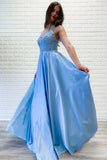 Flowy A-line V Neck Lace Long Prom Dresses Blue Satin Open Back Evening Party Dresses SJS15229