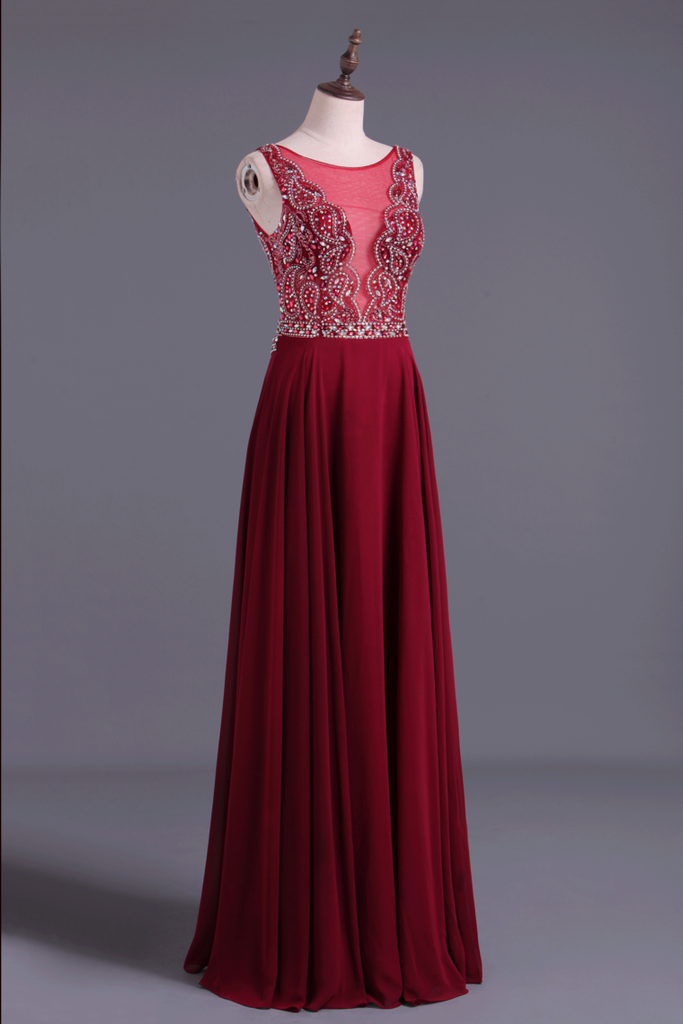 Burgundy/Maroon Scoop A Line Prom Dresses Chiffon A Line With Beading