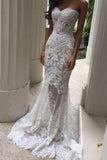 Hot Selling Sweetheart Wedding Dresses Sheath With Applique And Beads Sweep Train