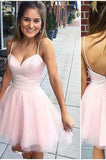 Sexy Short Cute Pink Spaghetti Straps Tulle Mini Junior Backless V-Neck Homecoming Dress JS612