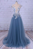 Beautiful Appliques V-Neck Tulle Beads Cap Sleeve Scoop A-line Long Evening Dresses JS861