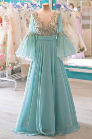 Modest A-Line Lace Prom Dresses With Flare Sleeves Evening Dress