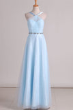 Tulle Straps Bridesmaid Dresses A Line With Ruffles And Beads Floor Length