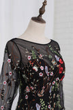 Black Lace With Embroidery Mermaid Bateau Sweep/Brush Zipper Back 3/4 Sleeves