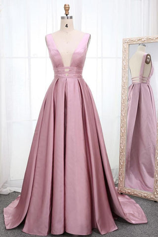 Simple V Neck Sleeveless Long Prom Dress, A Line Ruched Long Evening Dresses
