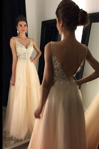 Prom Dresses A Line V Neck Open Back Tulle With Applique