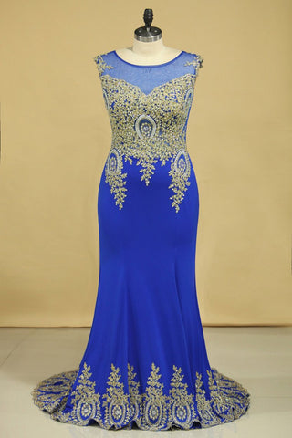 Dark Royal Blue Prom Dresses Scoop Mermaid With Applique Spandex Sweep Train Size 18W