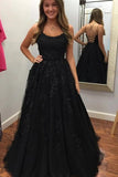 A Line Round Neck Black Lace Prom Dresses with Beading, Beads Criss Cross Party Dresses SJS15017