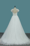 Tulle A Line Scoop Short Sleeve Wedding Dresses With Applique And Beads Open Back