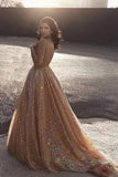Sparkly Spaghetti Straps A Line Elegant Long Prom Dress, Sequins Evening Party Dresses SJS15430