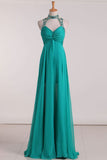 Sexy Open Back High Neck Prom Dresses A Line Chiffon With Beads