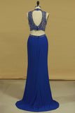 Two Pieces Column Prom Dresses High Neck With Beading Spandex