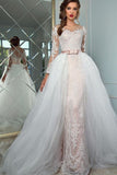 Scoop Long Sleeves Sheath Wedding Dresses Tulle With Applique Chapel Train Detachable