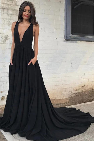 Simple Deep V Neck Black Backless Prom Dresses with Pockets, Long Formal Dresses SJS15390