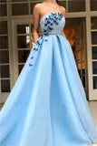 Unique A Line Blue Strapless Tulle Prom Dresses with Butterfly, Pockets Formal Dresses SJS15449