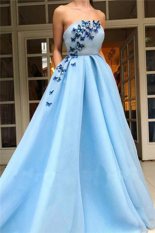 Unique A Line Blue Strapless Tulle Prom Dresses with Butterfly, Pockets Formal Dresses SJS15449