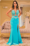 Scoop Prom Dresses Satin With Slit And Beading Sweep Train