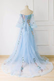 Light Blue Off the Shoulder Half Sleeve Prom Dresses, Sweetheart Evening Dress SJS15238
