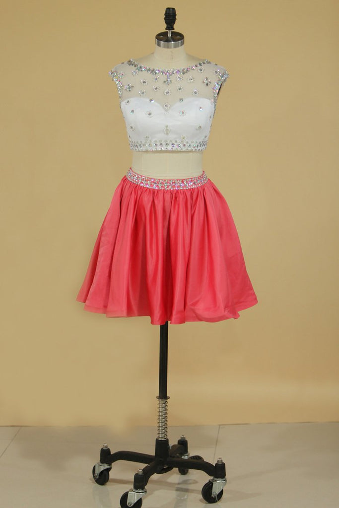 Two-Piece Bateau Homecoming Dresses A Line Satin With Beads Short/Mini