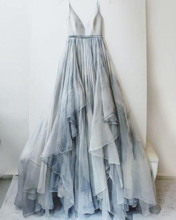 A line Tulle Ombre Deep V Neck Spaghetti Straps Blue Prom Dresses Evening Dresses JS883