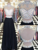 Glamorous Two Piece High Neck Cap Sleeves Long Black Prom Dress with Beading Open Back JS781