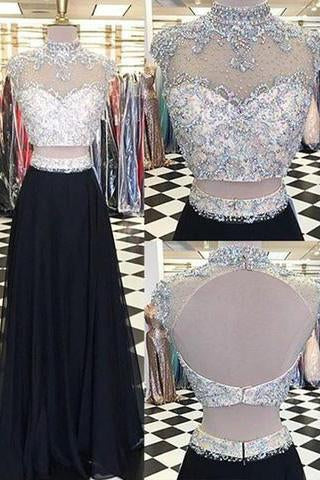 Buy Glamorous Two Piece High Neck Cap Sleeves Long Black Prom Dress ...