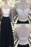 Glamorous Two Piece High Neck Cap Sleeves Long Black Prom Dress with Beading Open Back JS781
