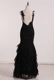 Open Back Bateau Dark Navy Evening Dresses Mermaid Tulle With Applique