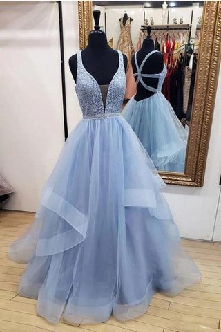 Elegant Ball Gown Lavender V Neck Prom Dresses Tulle Criss Cross Straps Dance Dresses SJS15157