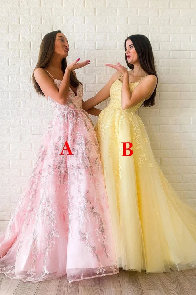 A Line Spaghetti Straps V Neck Lace Appliques Beads Lace Up Prom Dresses (Leave A Or B In The Remark SJSPTGRK67K