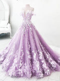Ball Gown Off the Shoulder V Neck Tulle Lavender Beads Prom Dresses, Quinceanera Dresses SJS15562