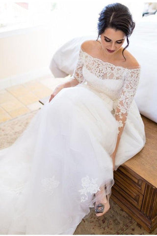 A-Line/Princess Tulle Lace Off-The-Shoulder Long Sleeves Sweep/Brush Train Wedding Dresses