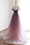A Line Off the Shoulder Tulle Long Prom Dresses, Lace up Simple Party Dresses SJS15008