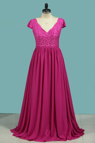 Short Sleeve V-Neck A-Line Chiffon & Lace Bridesmaid Dresses