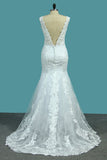 Open Back V Neck Tulle & Lace Wedding Dresses With Applique And Beads