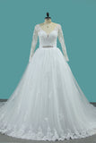 New Arrival V Neck Long Sleeves Tulle Wedding Dresses A Line With Applique
