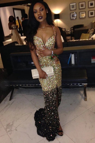 Sparkly Straps Mermaid Evening Dress With Beading, Glitter Prom Dress With Slit