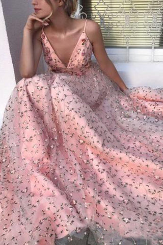 Elegant Pink V Neck Floral Lace Long Prom Dresses Spaghetti Strap Formal Dress
