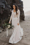 Charming A Line Long Sleeves V Neck Lace Ivory Beach Wedding Dresses, Bridal SJS15623