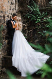 Elegant A Line Illusion Beads V Neck Tulle Long Backless Wedding Dresses, Prom Dresses SJS15510