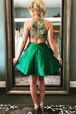 Cute A Line Halter Satin Green Open Back Short Homecoming Dresses with Beads JS951