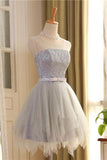 Cute A Line Sleeveless Scoop Short Silver Lace up Tulle Homecoming Dresses with Bowknot JS589