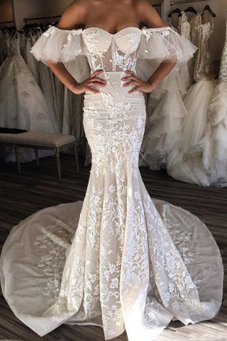 Gorgeous Mermaid Off the Shoulder Sweetheart Open Back Ivory Lace Wedding Dresses JS975