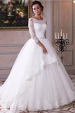 Ball Gown Lace Tulle 3/4 Sleeves Scoop White Lace up Wedding Gowns,Wedding Dresses PW309