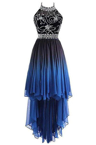 A Line Halter Beaded Blue High Low Chiffon Ombre Lace up Long Prom Dresses uk PW303