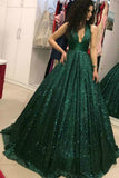 A-Line V-Neck Open Back Dark Green Sequin Luxury Lace up Long Prom Dresses JS125