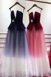A Line Ombre Blue Tulle Long Prom Dress Unique New Style Strapless Evening Dress JS840