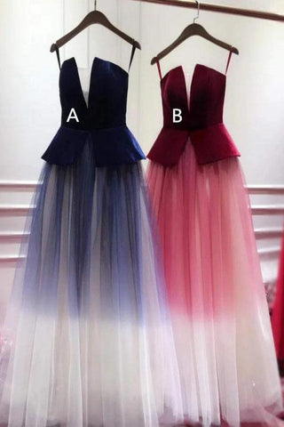 A Line Ombre Blue Tulle Long Prom Dress Unique New Style Strapless Evening Dress JS840