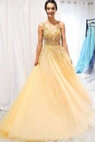 A Line Gold V Neck Beading Tulle Prom Dresses Spaghetti Straps Long Cheap Formal Dress SJS14999